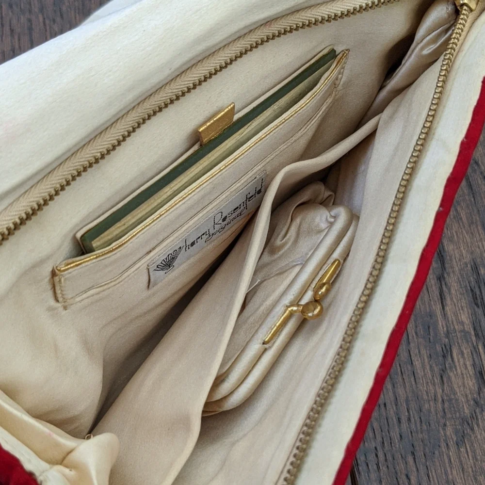 HARRY ROSENFELD I '40s Red Velvet Envelope Clutch w/ Beaded & Embroidered Flap